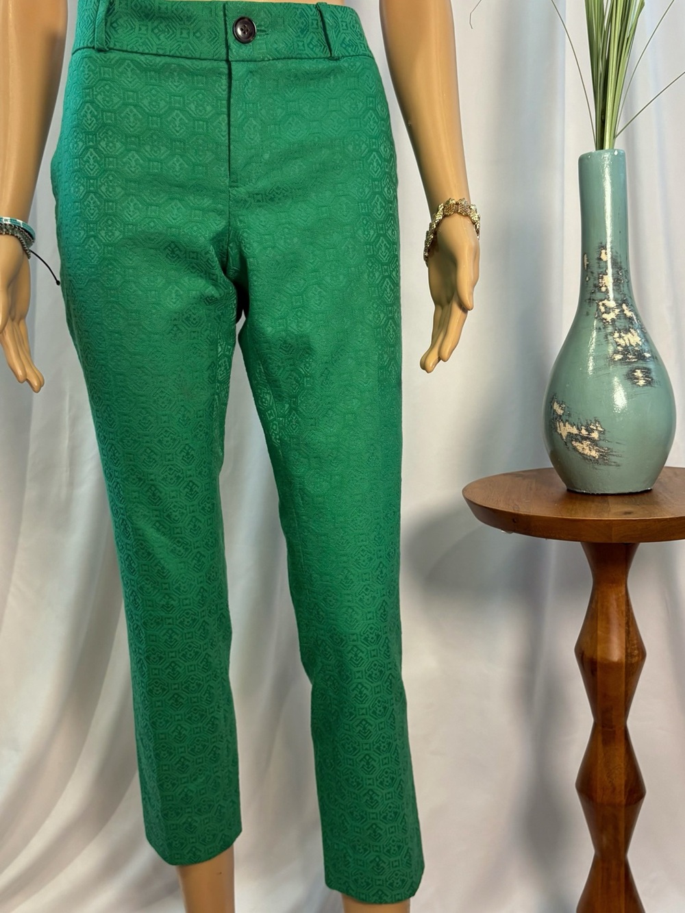 Banana Republic Hampton Pant Emerald Green Jacquard Geometric Print Size 2